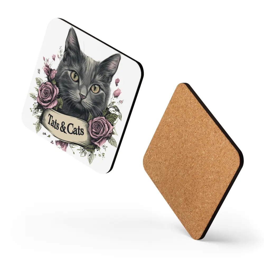 Tats & Cats Graphic Tattoo Text Cork-back Coaster Gift for Women