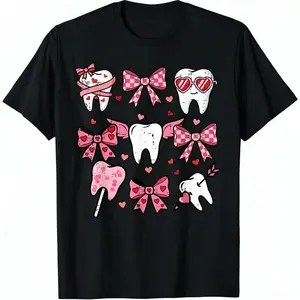 100% Cotton Unisex Valentines Day Teeth Coquette Bow Dental Women s T-Shirt