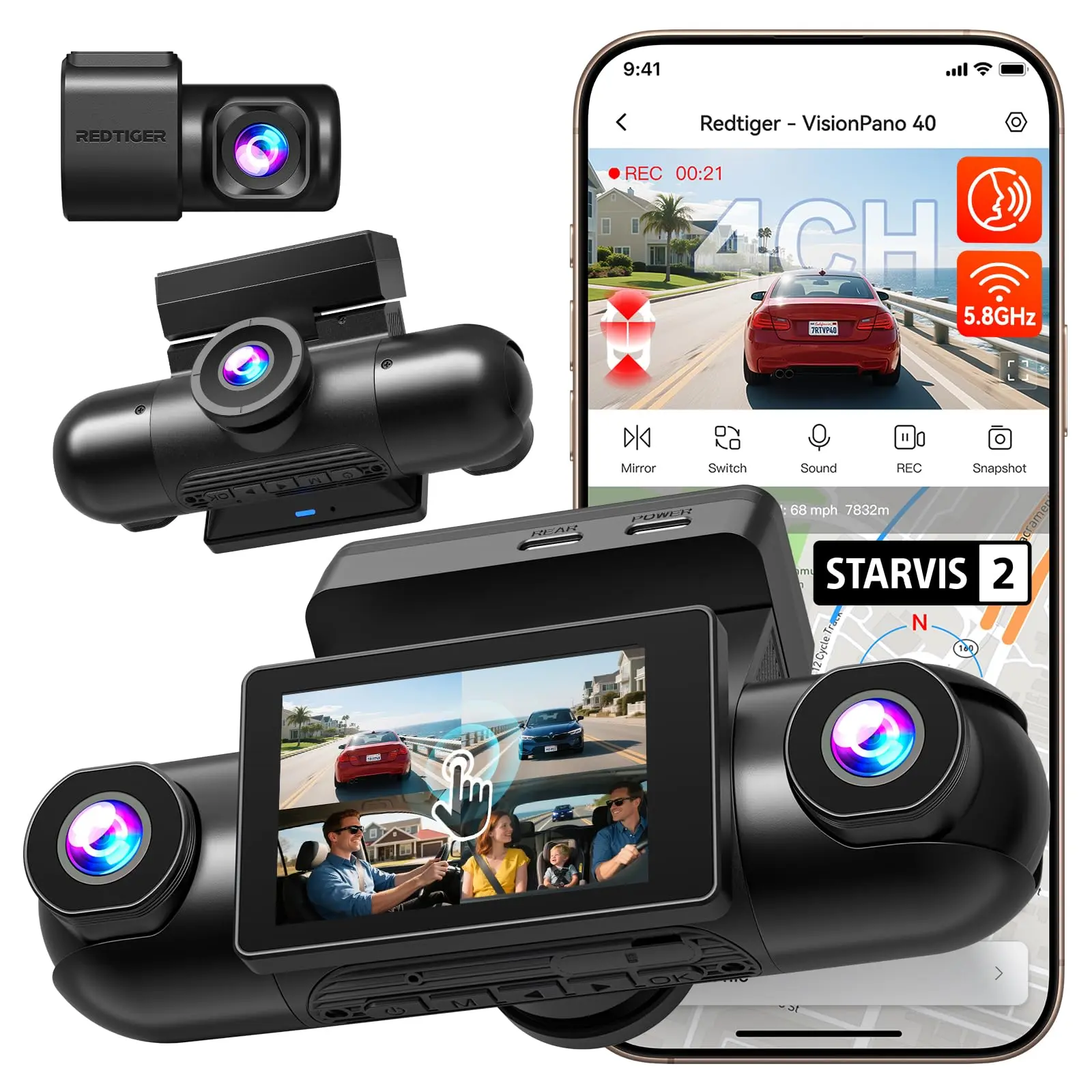 REDTIGER VP40 (No Card) 4 Channel 360° Dash Cam Dual STARVIS 2, 8 IR Night Vision | 4 Adjustable Lenses, 5.8GHz WiFi, 2.5K*2+1080P*2 Recording, GPS, Voice Control, Touchscreen, 24H Parking Mode