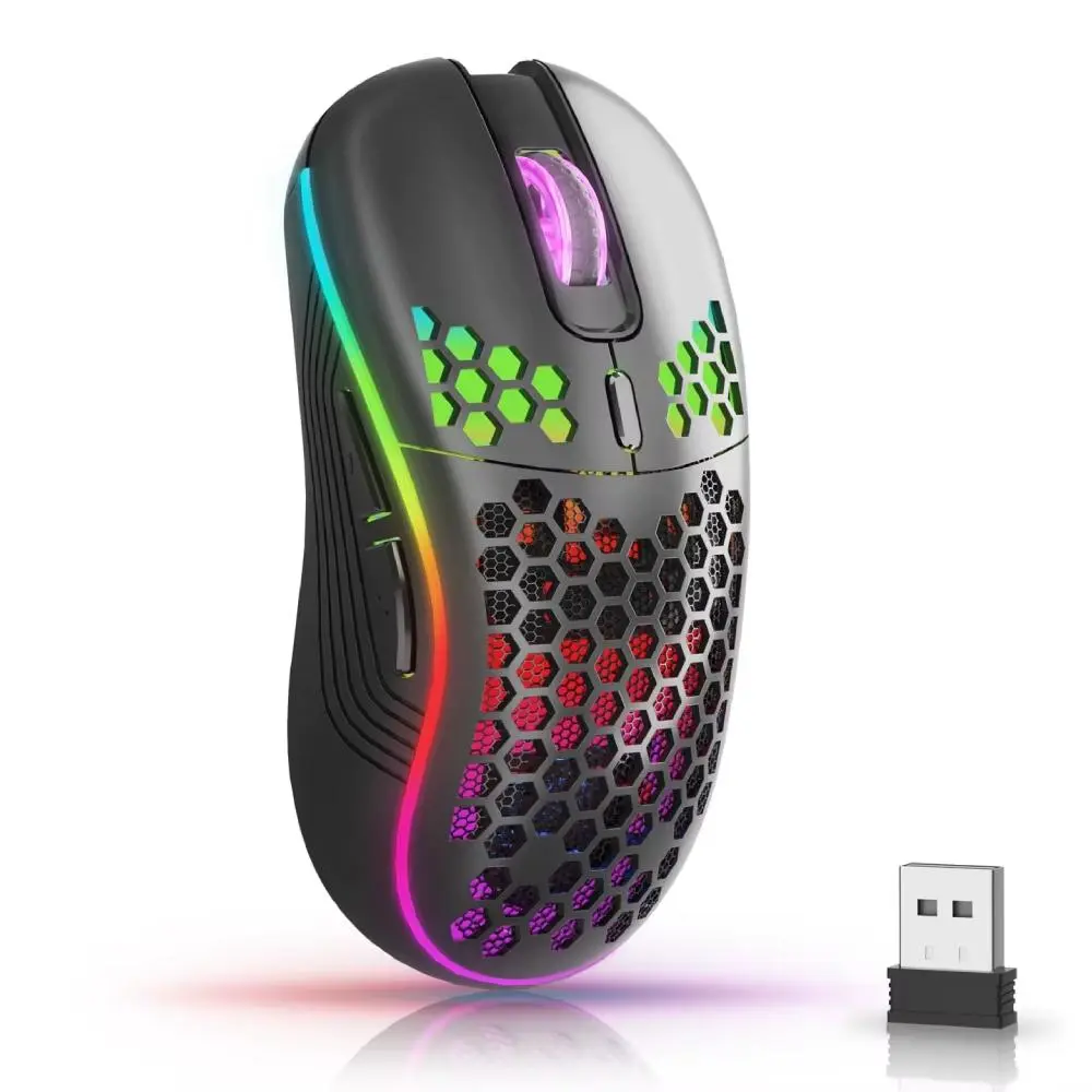 SZKOSTON 2.4G Wireless Gaming Mouse for Gamers, RGB Lights, 6-Button, 3-Speed DPI, Type-C Rechargeable, Ergonomic Honeycomb Design, Type-C PC Compatible with USB Receiver