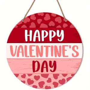 Valentine's Day Front Door Decor, Home Porch Patio Classroom Wooden Hanging Ornament 9.2x9.2 Inches, 2D Flat Design