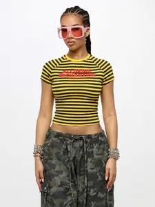 Women's Yellow Black Striped Letter Print Slim Tee 2026 Edgy Streetwear Summer Trendy Y2K Vibes Stylish Viral TikTok Must-Have Fashion Essential