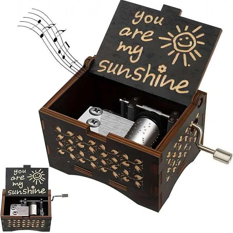 'You Are My Sunshine' Letter Pattern Music Box - Hand Crank Wooden Laser-Engraved Vintage Music Box - Ideal Gift for Birthdays, Anniversaries & Weddings