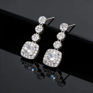 14K White Gold Plated Cushion Cut Halo CZ Dangle Drop Earrings for Women, Hypoallergenic 925 Sterling Silver Post, Sparkling Linear Pave Cubic Zirconia Earrings, Trendy Wedding Bridal Prom Bridesmaid Jewelry, Birthday Christmas Anniversary Gift for He