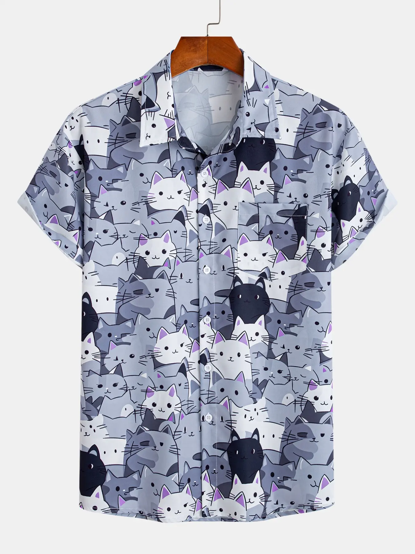Men's Cute Cat Print Hawaiian Shirt, Short Sleeve Button Down, Casual Printed Summer Beach Vacation Aloha Tops, Stylish and Comfortable, Animal Lover Shirt, Casual Fashion Shirt, Summer Shirts