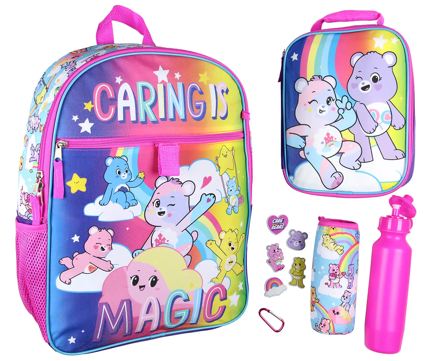 Care Bears Playful Pattern Backpack Set - 16" Kids Backpack, Detachable Lunch Tote, Water Bottle, Sticker Pack, Carabiner, Padded Top Carrying Handle 5-Pc Set for Birthdays