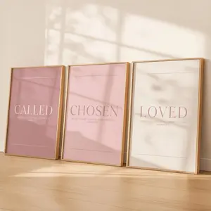 Called Chosen Loved Print Wall Art, Christian Nursery Decor, Bible Verse Set of 3, Blush Pink & Cream Scripture Prints, Baby Girl Room