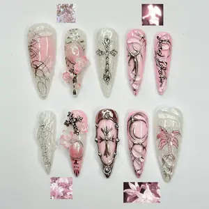 3D Pink Gothic Cyber Nails | Silver Chrome Cross Press Ons | Ethereal Grunge Liquid Metal Nails | Y2K Punk Butterfly Press Ons