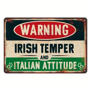 Pack Funny Irish & Italian Metal Warning Sign - Vintage Tin Yard Sign with Irish Temper & Italian Attitude, Pre-Drilled for Hanging - Humorous Cultural Decor for Home, Garage