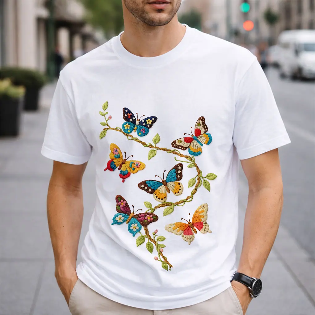 Vintage Butterfly Embroidered Graphic T-Shirt |   Boho Floral Butterfly Tee |   Cottagecore Aesthetic Nature Shirt |   Folk Art Butterfly Gift for Her soft cotton men day crewneck