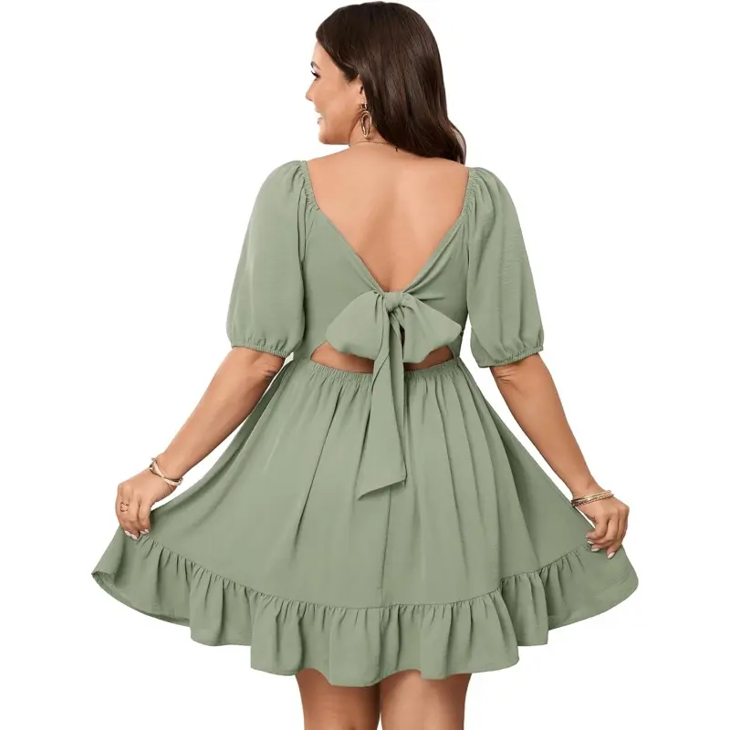 SHESTARR Women's Plus Size Summer Dress Square Neck Tie Back Short Sleeve Ruffle A Line Mini Casual Dresses Sundress