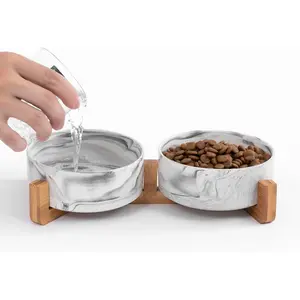 Ihoming Marbling Cat Bowls Set 1 3/4 Cups X 2 Indoor Black Pet Bowls with Wood Stand Ceramic Food Water Bowls for Small Medium Cats Dogs
