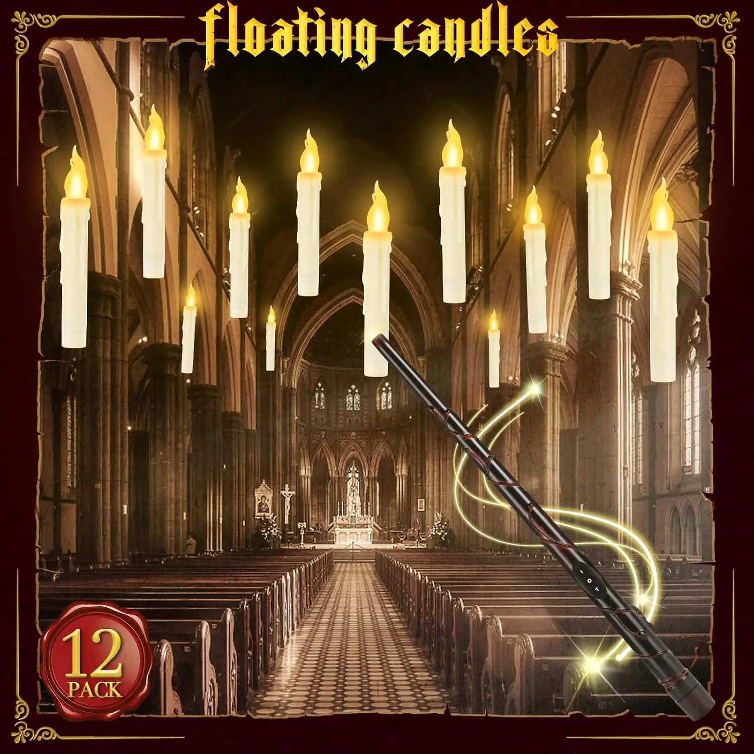 12 Pcs Plastic Floating Flameless Candles with Wand, Warm Flickering Light Halloween Festive Decorations, Indoor Home Window Gifts for Witch Wizard Themed Parties