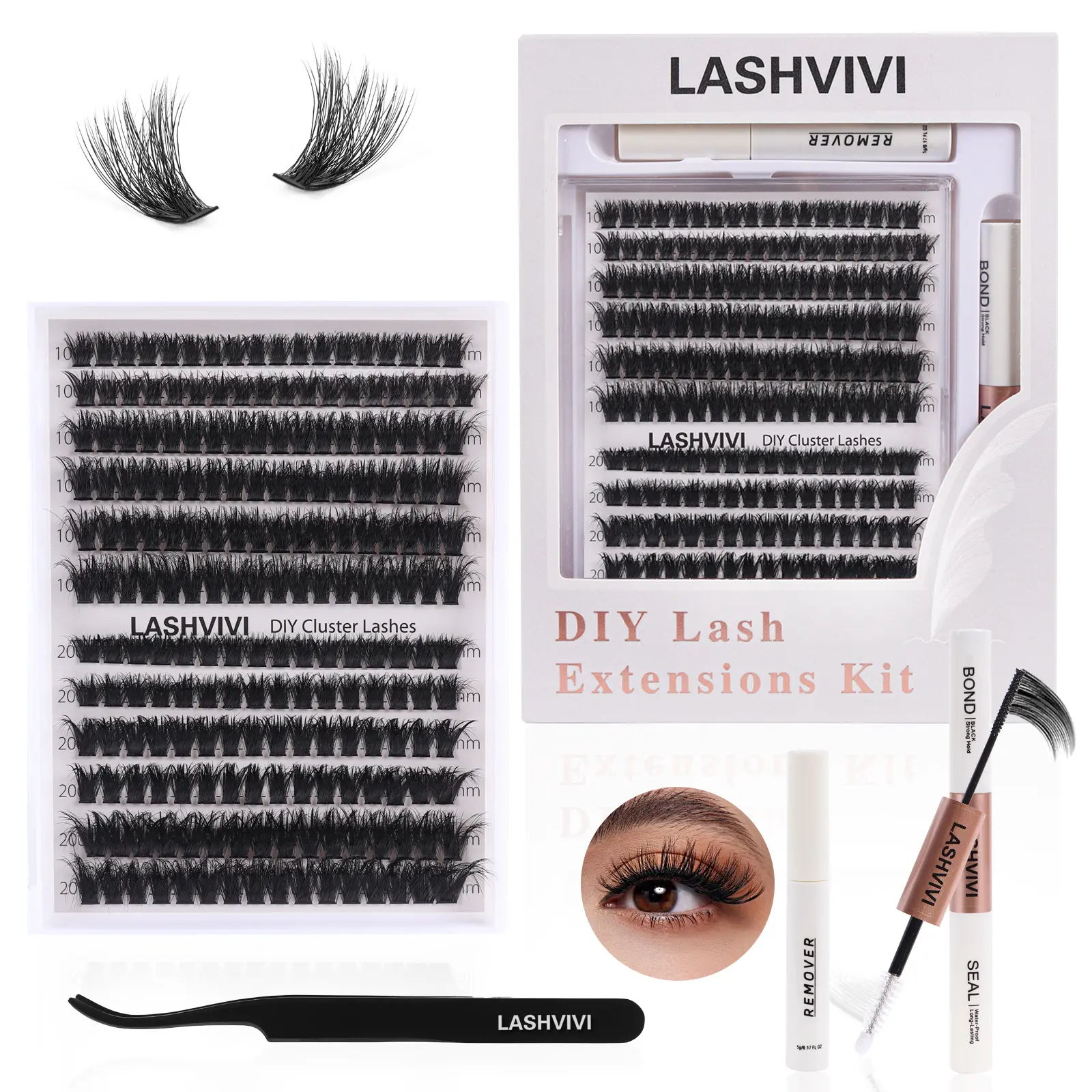 LASHVIVI 100D+200D Super Thick Multi-Layered DIY Cluster Lash Extension Kit D Curl Eyelashes Waterproof Bond and Seal
