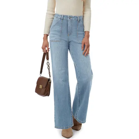 YUCOLEN Women's High-Waisted Soft Stretchy Rayon Denim Jeans - Straight-Leg Fitted Bottoms with Pockets, Zipper, Button, Retro Basic Design, 29" or 31" Inseam for Office-to-Concert Wear