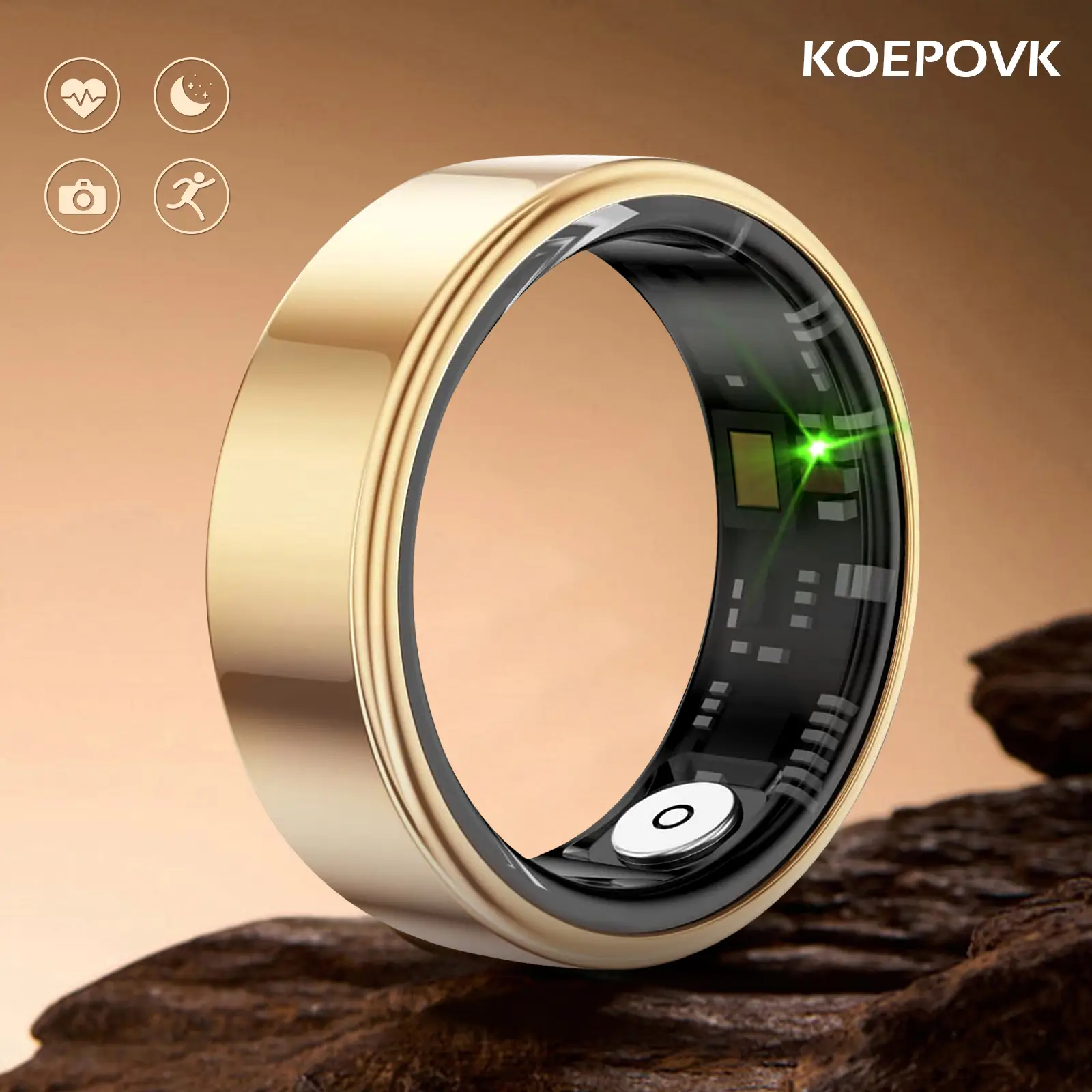 KOEPOVK Smart Ring Waterproof Bluetooth Tracker for Men and Women – Gold Color, IP68 Fitness Health Monitor with Heart Rate, Blood Pressure, Sleep Qua
