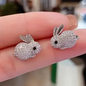 Rabbit-Shaped 3D Diamond-Crystal Ear Stud Earrings - Kawaii Style Animal Character Bunny Charm Bling-Bling Costume Jewelry Fashion Accessory, Whimsical Earrings, Bling Bling Earrings