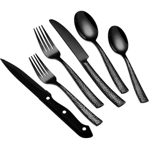 48 count Black Hammered Silverware Set with Steak , Stainless Steel Flatware Set for 8, Mirror Cutlery Include Forks Spoons and  Set for  Hotel, Dishwasher Safe Utensils
