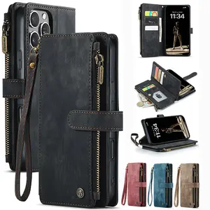 Magnetic Retro Smartphone Case with Card Slot, Multi Card Wallet Design Case with Handle Strap, Multifunctional Protective Case for iPhone 17 Air, 16, 15, 14, 11 Pro Max Plus, Safety Casing, Shockproof Protective Cover, Electronics Accessories