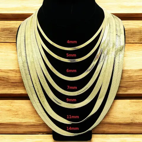 MaxBling81 AAA+ Brass 14K Stamped Gold-Plated Glossy Herringbone Gold Statement Chain Necklace - 4mm-14mm Thickness, 8"-30" Fit Range, Multi-Size, Casual Unisex Hip Hop Costume Jewelry for Women