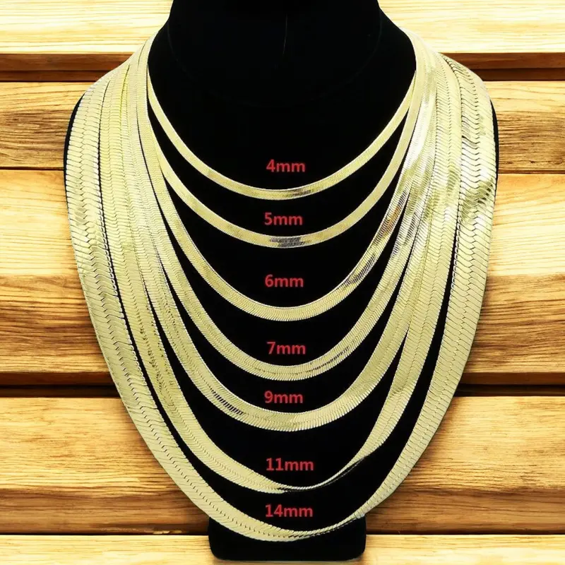 MaxBling81 AAA+ Brass 14K Stamped Gold-Plated Glossy Herringbone Gold Statement Chain Necklace - 4mm-14mm Thickness, 8"-30" Fit Range, Multi-Size, Casual Unisex Hip Hop Costume Jewelry for Women