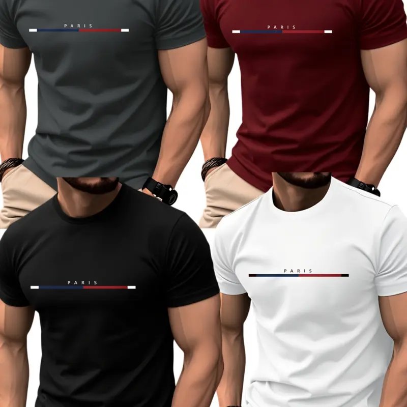 Men's 4-Pack Summer Short Sleeve Crewneck T-Shirts Tops, Trendy Slim Fit Breathable Daily Wear, Paris Letter Blue Striped Print, Sporty Style, Casual Fitted Streetwear, Menswear, Casual, Casual Style Tee