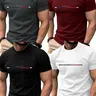 Men's 4-Pack Summer Short Sleeve Crewneck T-Shirts Tops, Trendy Slim Fit Breathable Daily Wear, Paris Letter Blue Striped Print, Sporty Style, Casual Fitted Streetwear, Menswear, Casual, Casual Style Tee