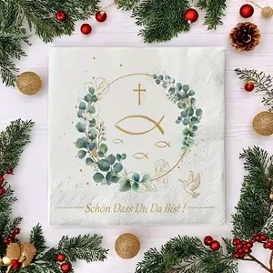 20 pieces eucalyptus leaf cross and fish dove pattern baptism napkins, 2 layers of disposable religious tissues, suitable for first communion, weddings, baby shower parties, Christmas, birthday banquets and dessert tables, elegant table decoration