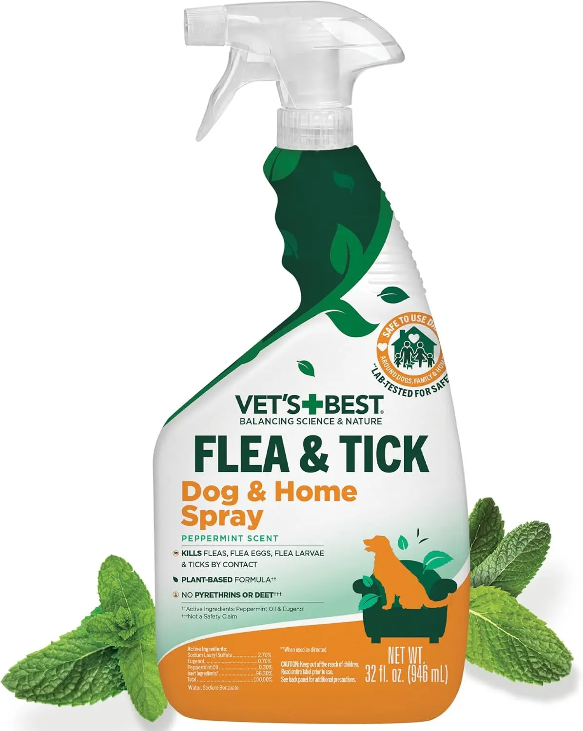 Vet's Best 32 oz Indoor Dog Flea & Tick Home Spray, Plant-Based Natural Oil Formula, On-Contact Flea, Egg & Tick Killer, USA-Made Indoor Use Garden Watering Spray Equipment Nozzle