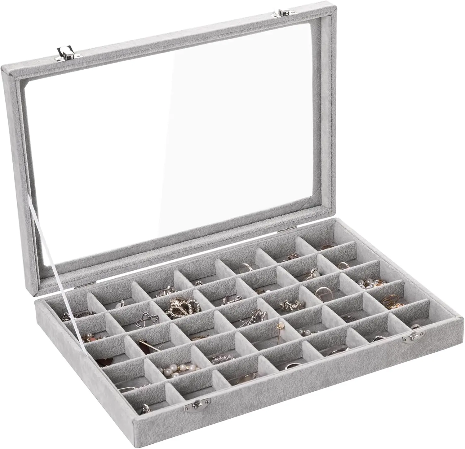 Tray,35 Grid  Organizer with Clear Lid,Earring Holder Organizer Case with Clasp,Drawer Insert for Rings Studs,13.8 x 9.5 x 2 Inches, for Women Girls(Grey)