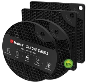Walfos Silicone Trivet Mats - 4 Heat Resistant Pot Holders, Multipurpose Non-Slip Hot Pads for Kitchen Potholders, Hot Dishers, Jar Opener, Spoon Holder, Food Grade Silicone & BPA Free (Black)