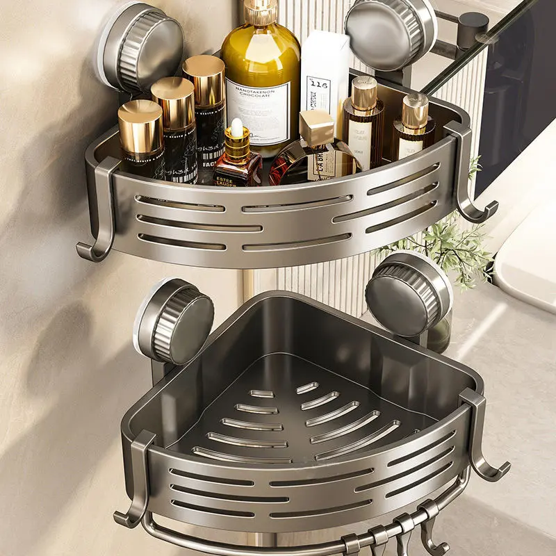 Double-layer vacuum suction cup triangle shelf with rod, Suction Cup Shower Caddy, no drilling required, no adhesive needed, bathroom corner wall storage rack, suitable for bathroom corner wall storage,  plastic ABS material,  vacuum suction cup