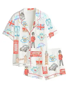 Women’s Watercolor London Art City Bus Sightseen Bridge Telephone Long & Short Sleeve Satin Pajama Set