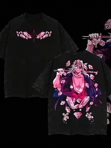 Demon Slayer Tengen Uzui Vintage Washed Oversized T-Shirt Pink Crystal Flashy Graphic Double Sided Anime Grunge Aesthetic Harajuku Streetwear Unisex Manga Fan Casual Tee Top