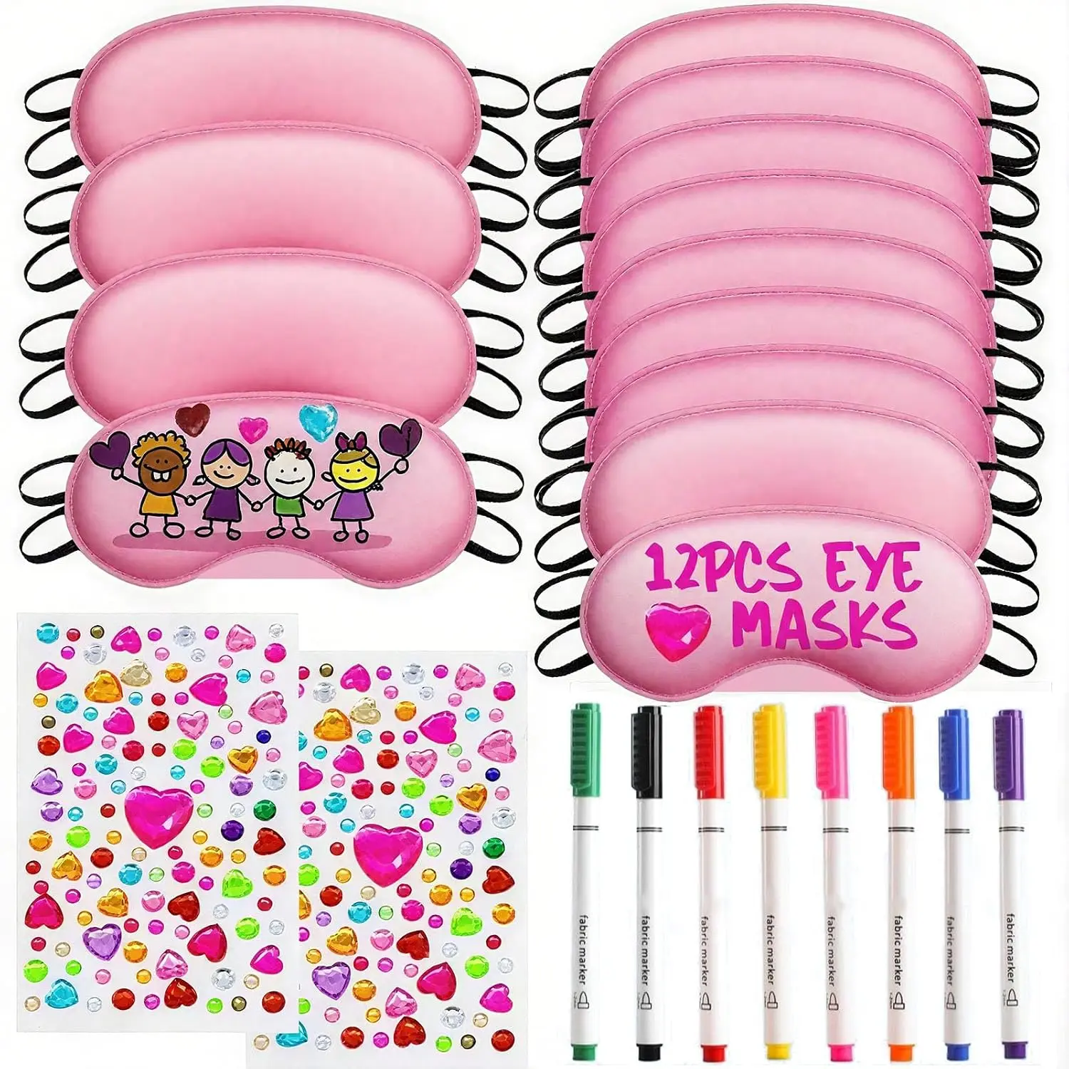22 PCS Sleepover Party Supplies, 12 PCS Sleep Eye Masks Blindfold Slumber Eye Covering with 2 Sheets Self-Adhesive Heart Rhinestones Gems&8 PCS Fabric Marker Pens, Pink