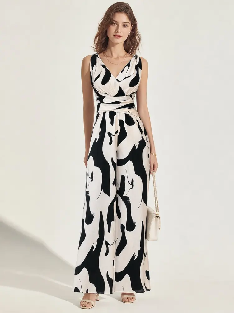 2026 Summer Sleeveless V Neck Wrap Waist Wide Leg Jumpsuit Abstract Print Tie Shoulder Romper Slim Waist Long Pants Outfit For Dinner Date Night Cocktail Party Vacation Daily Going Out Trendy Women Dressy Casual Playsuit Overall Piece