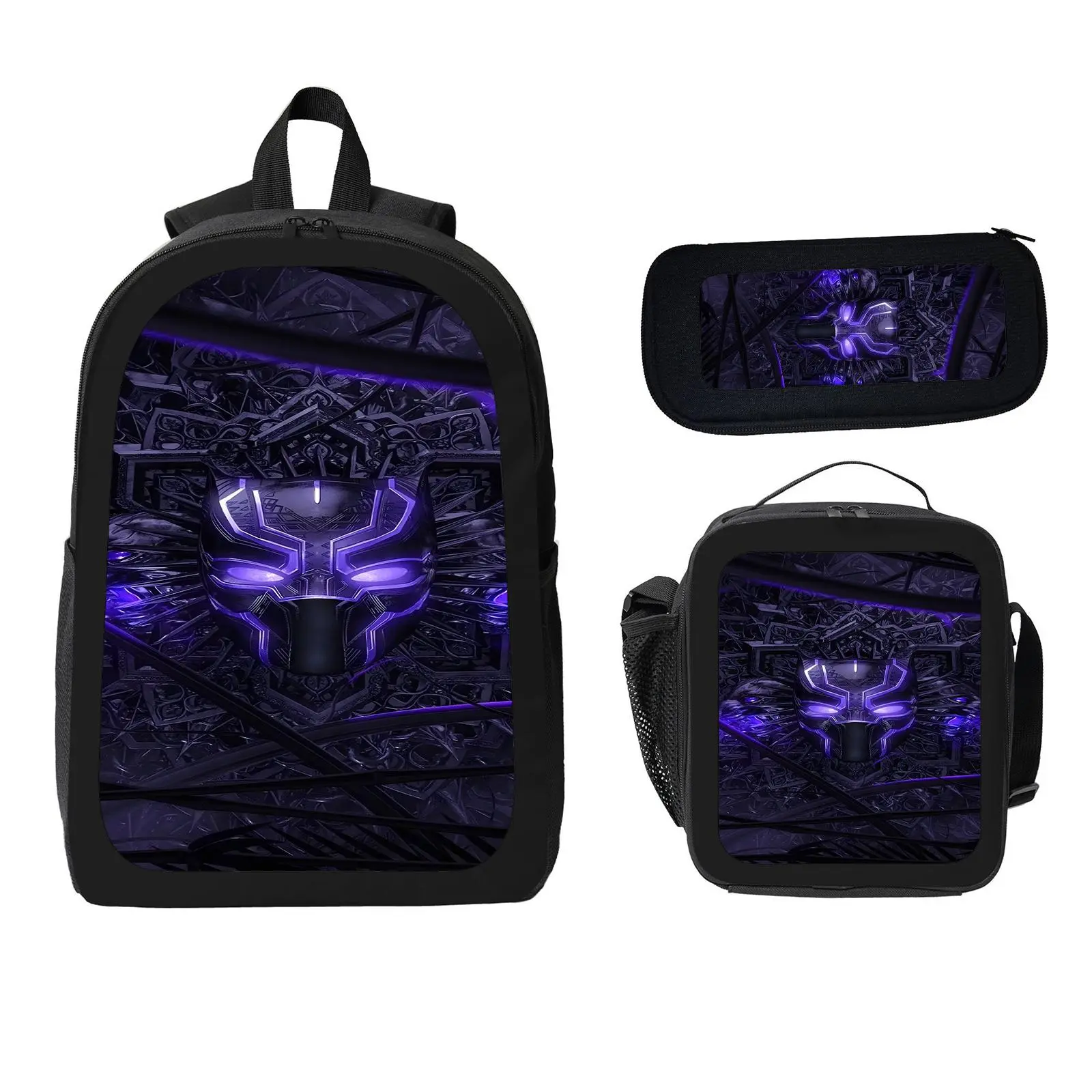 Black Panther 3 Pcs School Backpack Set for Boys Girls Kids, Large Capacity Bookbag with Insulated Lunch Bag Pencil Case, Water Resistant Travel Daypack for Elementary Middle School c-3
