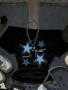Y2K Cowboy Star Off-Shoulder Womenswear T-Shirt | Vintage Grunge Streetwear Top | Distressed Star Applique T-Shirt | Women's Slim Fit Cropped Top | Suitable for Casual Daily Wear, Street Style, and Night Out | Soft and Stretchy Fabric