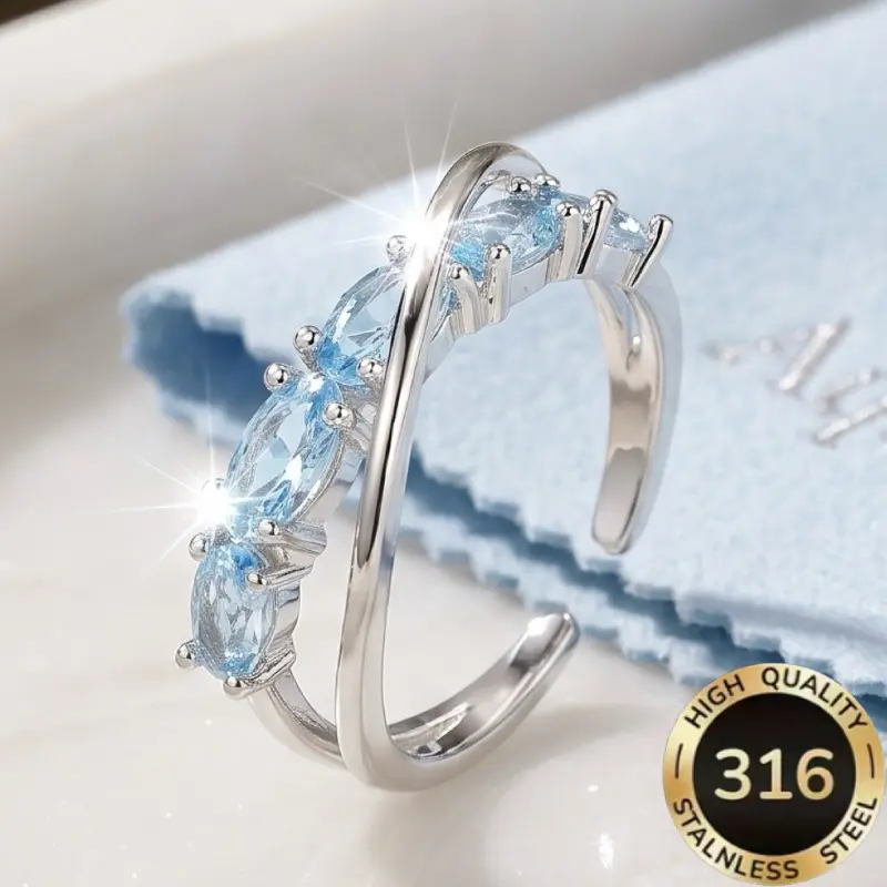 Women's High-Quality Adjustable 316 Stainless Steel Ring - Anti-Allergic Opening, Light Luxury Multi-Line Cross Design with Light Blue Synthetic Zircon, Suitable for Daily Wear, Parties, Anniversary Gifting