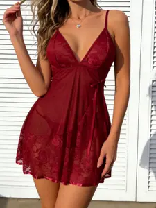 Women's Lace Sleepwear & Loungewear Set, Breathable Loose Fit Design, Elegant Ditsy Floral Pattern, Sleeveless, Perfect for Home & Date Night Wear (includes Underwear)