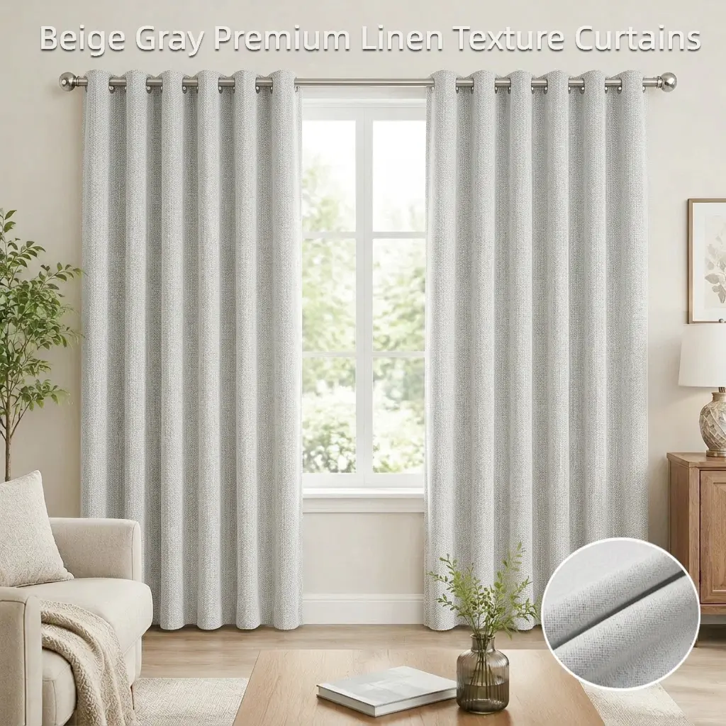 2 Panel Beige Gray Premium Linen Texture Curtains, 100% Blackout, Thermal Insulated for Bedroom & Living Room