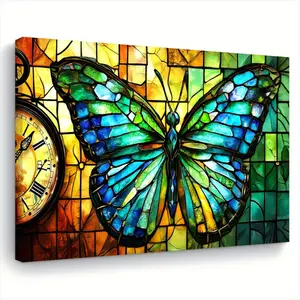 1 Piece Retro Modern Floral Butterfly and Clock Canvas Painting - Blue Green Yellow Wall Decoration - Wooden Frame Hanging Painting, Suitable for Living Room, Bedroom, Kitchen, Home Office - Housewarming Gift for Nature Lovers - 11.8x 15.7inch (30x 40cm )