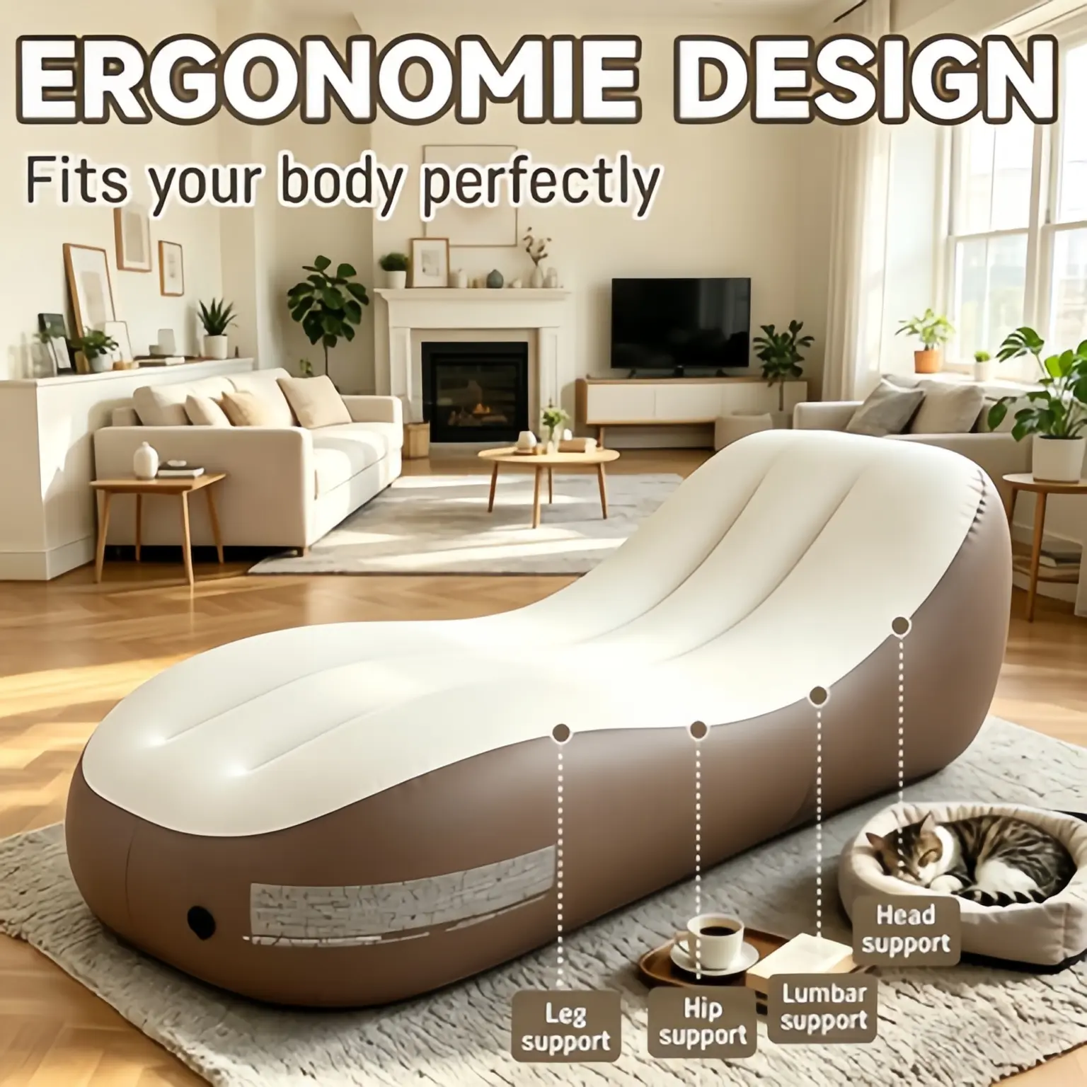 Ergonomic backrest support inflatable leisure chair, wear-resistant flocking for outdoor camping, barbecue parties, backrest support, portable single inflatable lounge chair, easy to fold and carry, sturdy plastic material, ideal camping equipment