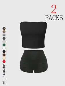 Women's 2-Piece Strapless Crop Top & Ruched Shorts Set, featuring stretchy and elastic fabric and a form-fitting silhouette, ideal for casual outings and loungewear, available in multiple colors and prints