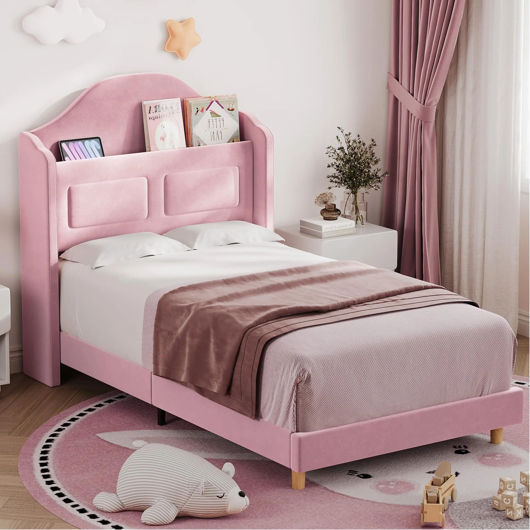 Garvee Upholstered Twin Bed Frame with LED Lights, Velvet Platform Bed Frame with Wing Back Storage Headboard, Wood Slats Support, No Box Spring Needed, Easy Assembly, Pink