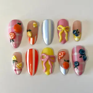 Sarahmarket 3D Fruit Picnic Press-On Nails, Orange Lemon Blueberry Charms, Colorful Plaid Design, Summer Vacation Vibes, Cute Playful Aesthetic, Custom Handmade Nail Art, Gift for Her