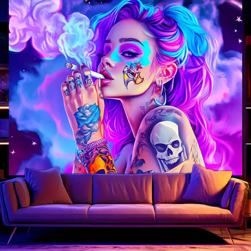 HEGO Art Velvet UV Reactive Glow in the Dark Tapestry - 100% Synthetic 2D Flat Fluorescent Wall Hanging, 140-160g Peach Skin Fabric, Purple-Haired Cool Beauty, Tattoos, Skeleton Accents for Living Room, Computer Room Decor
