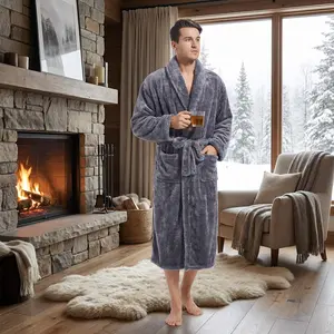 Men's Cozy Warm Plush Fleece Bathrobe with Pockets - Long Fuzzy Spa Robe for Home Lounging, Soft and Comfortable Loungewear, Perfect for Relaxation After Shower, Dark Grey Color