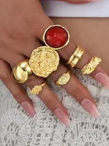 7 /9Pieces Vintage Fashion Geometric Gemstone Inlaid Ring Set, Stacking Ring Set, Women's Bold Metal Rings, Perfect for Daily Wear and Party Jewelry Gifts, Geometric Design Ring