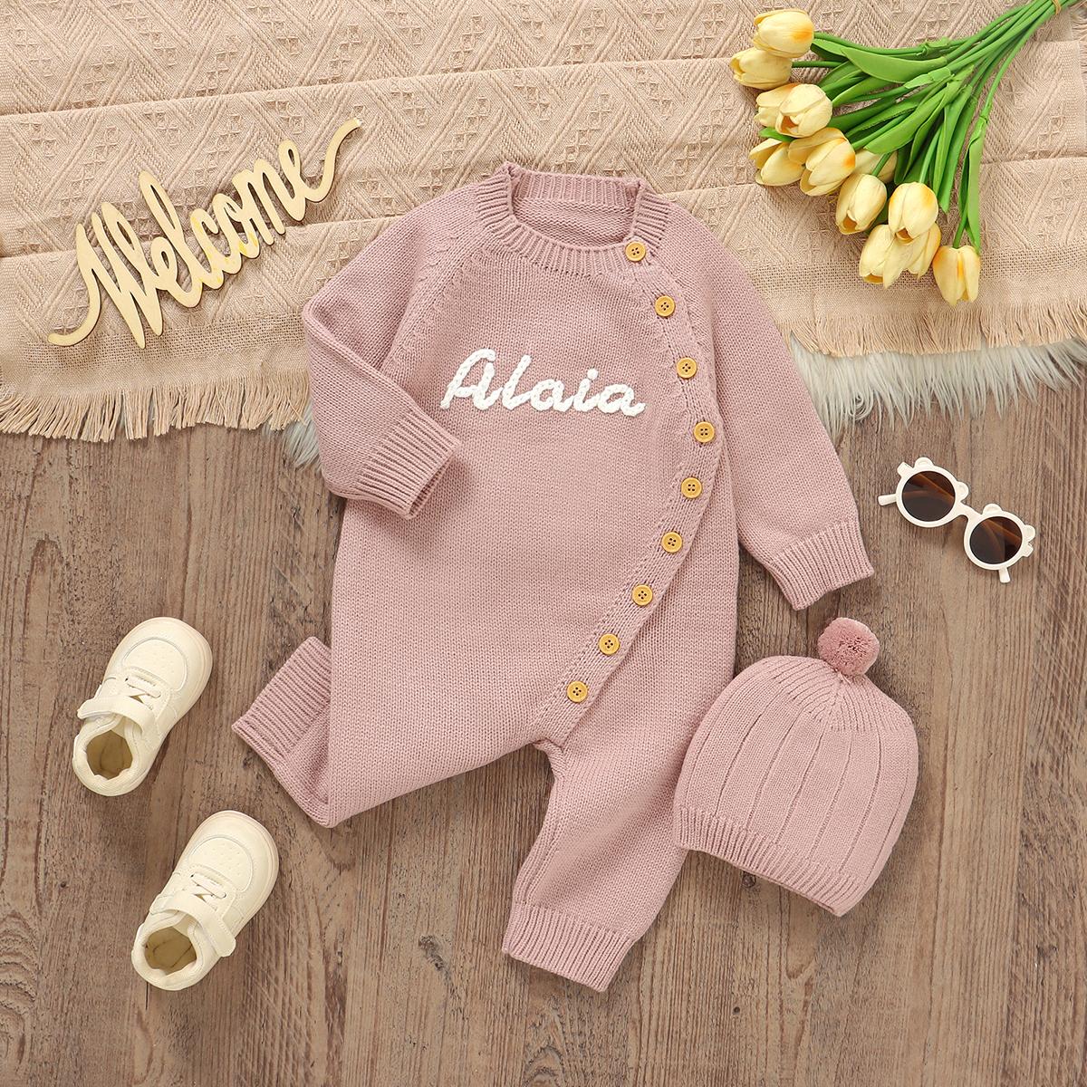 Mimixiong Handmade Embroidery Custom Baby Name Romper Sweater Coat, Newborn Soft Knitted Fabric, Comfortable Fit, Unique Baby Sweater Set with Baby Hat